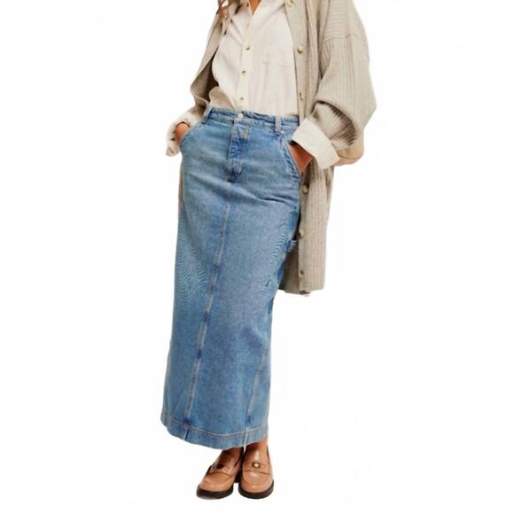 NEW FREE PEOPLE women's francisco denim maxi skirt in head over heels
